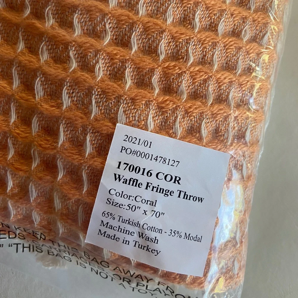 Frontgate coral waffle fringe throw - Picture 2 of 4
